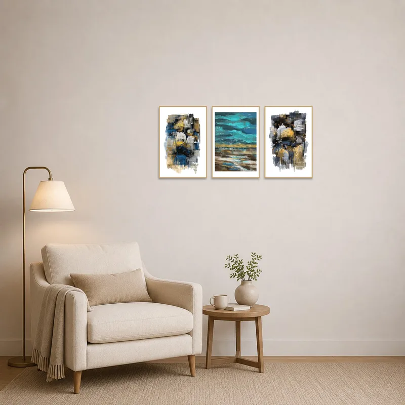 Reading corner featuring calming abstract earth tones canvas.