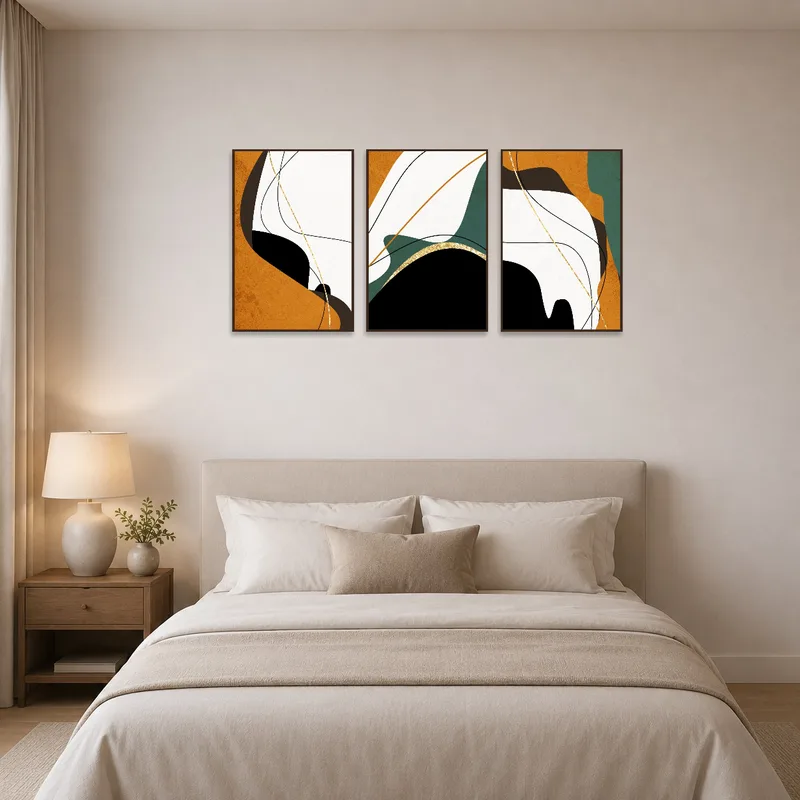 Bedroom with an abstract earth tones triptych adding a calming touch.