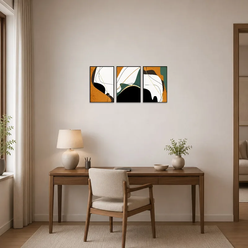 Home office enhanced by an abstract earth tones triptych on the wall.