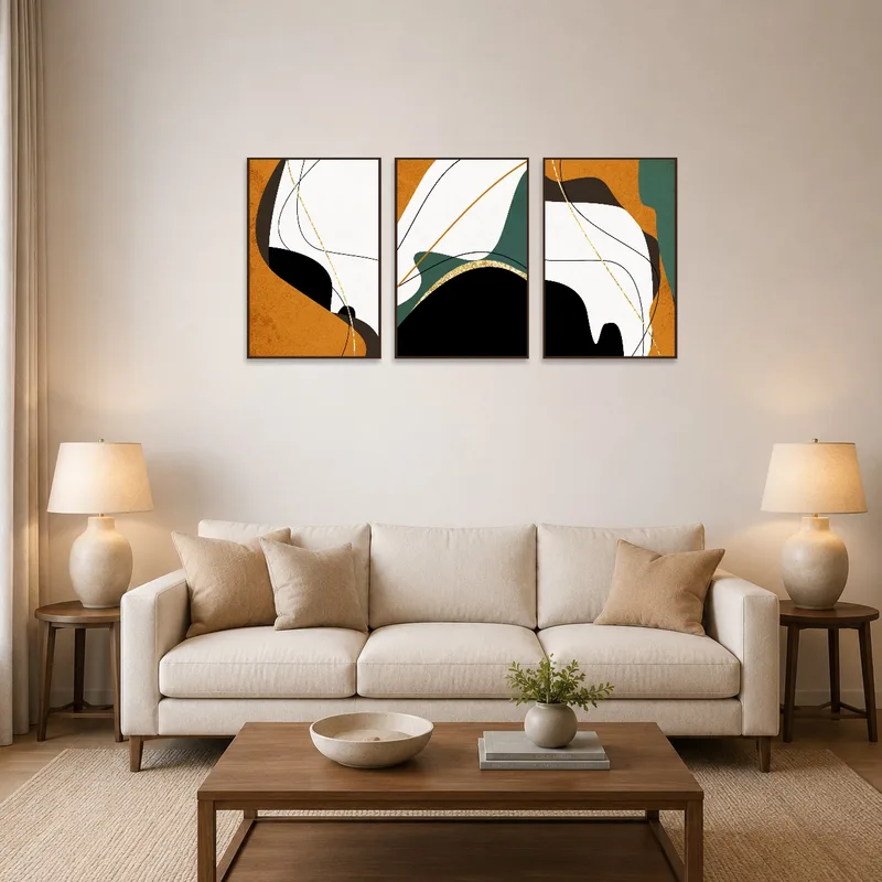 Abstract earth tones triptych on a living room wall with cozy seating.