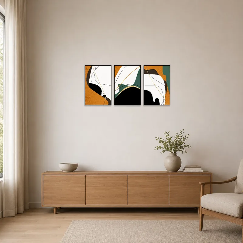 Minimalist room featuring an abstract earth tones triptych set.