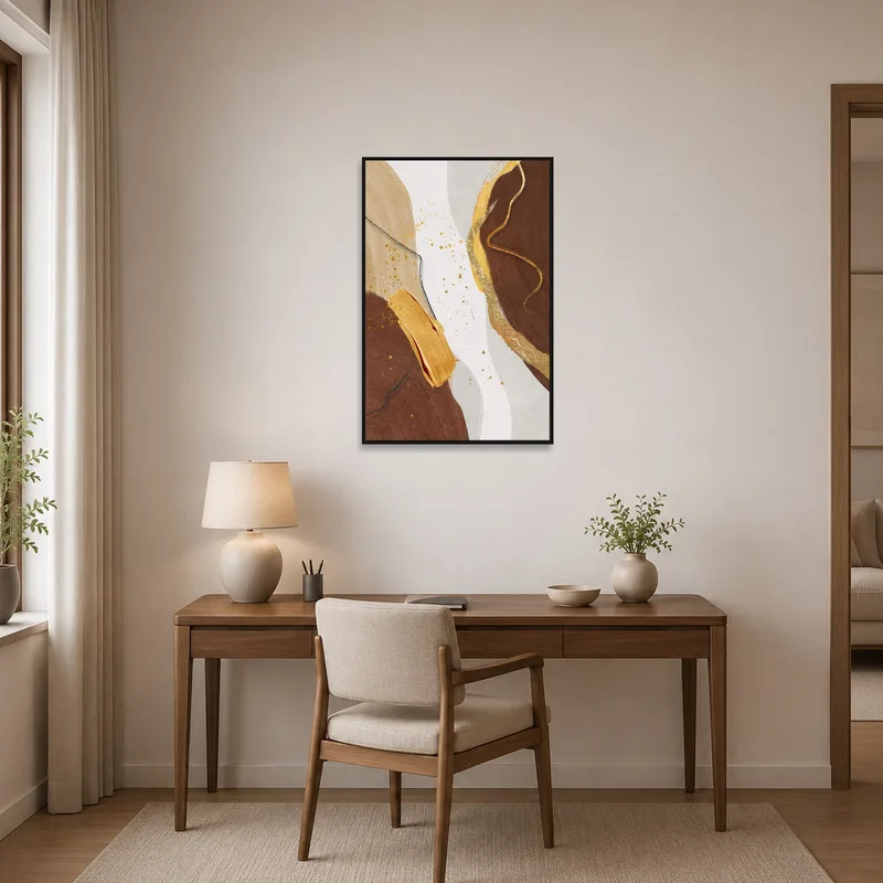 Home office highlighted by abstract art in earth tones with gold touches.