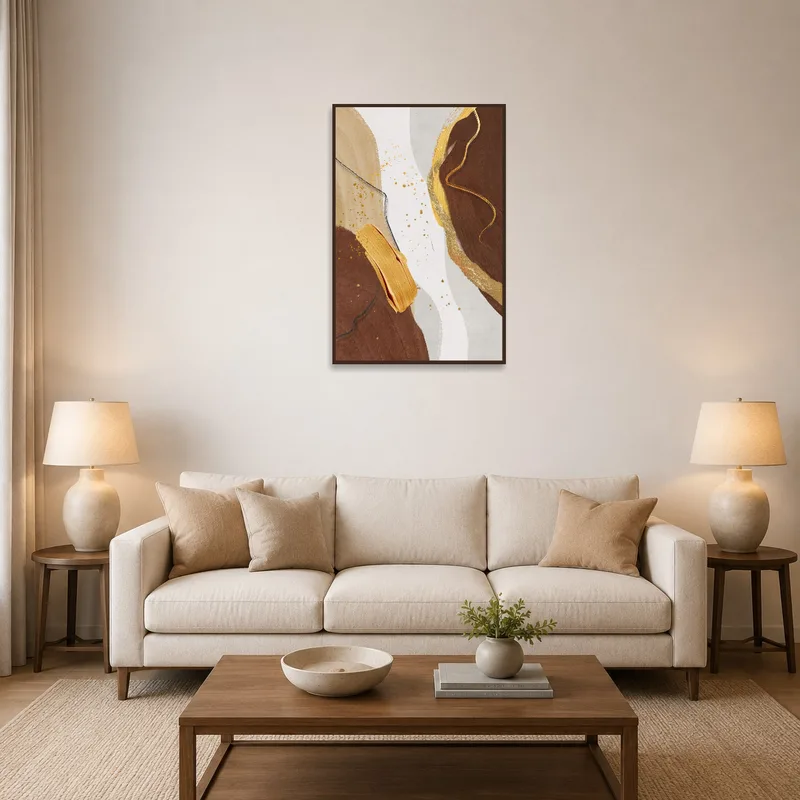 Abstract art with earth tones and gold accents in a living room setting.