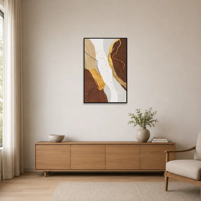 Minimalist room with earth-toned abstract art and gold highlights.