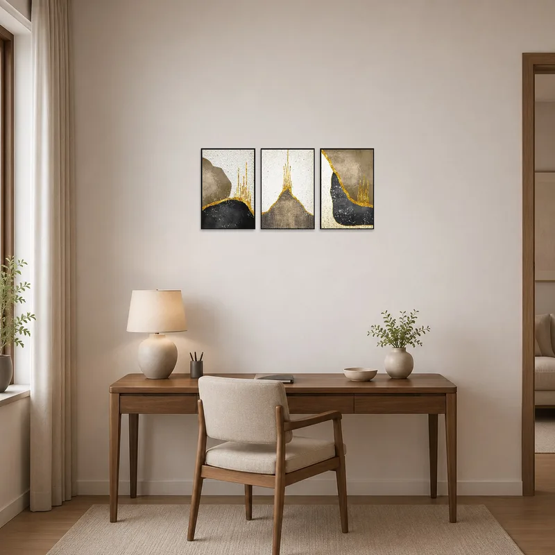 Three-piece earthy and gold art set adding elegance to a home office environment.