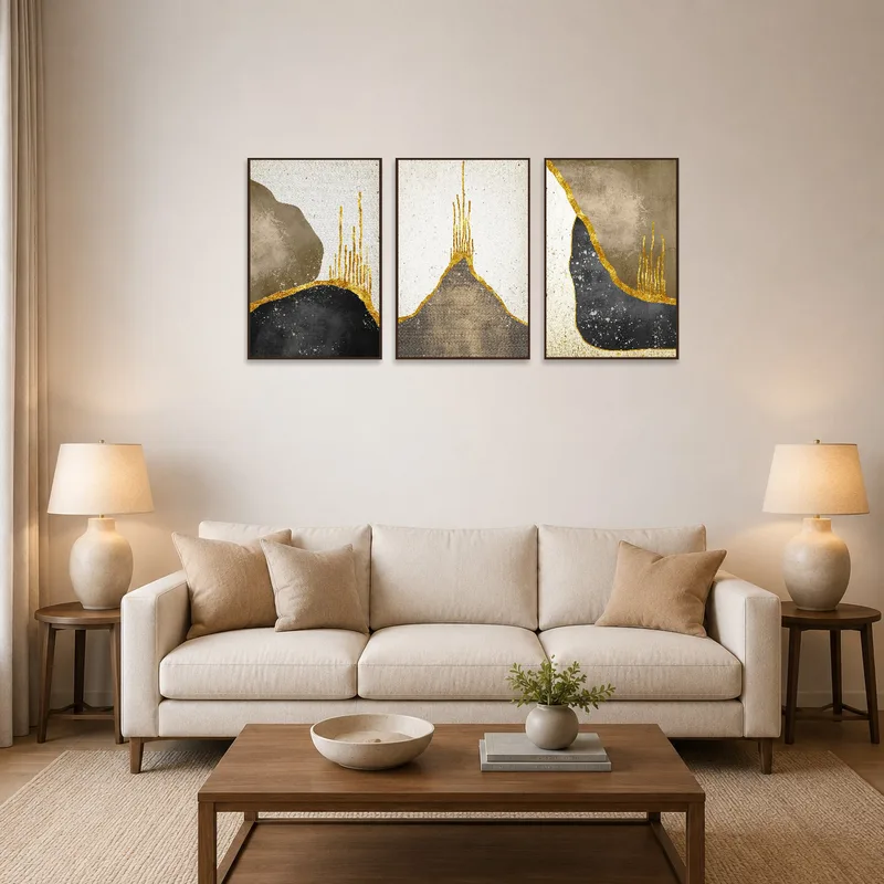 Triptych art set with earthy tones and gold accents hanging above a modern couch in a living room.