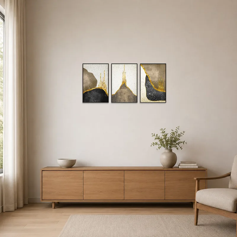 Three-panel abstract art in earth and gold, enhancing a minimalist room with a simple, serene aesthetic.
