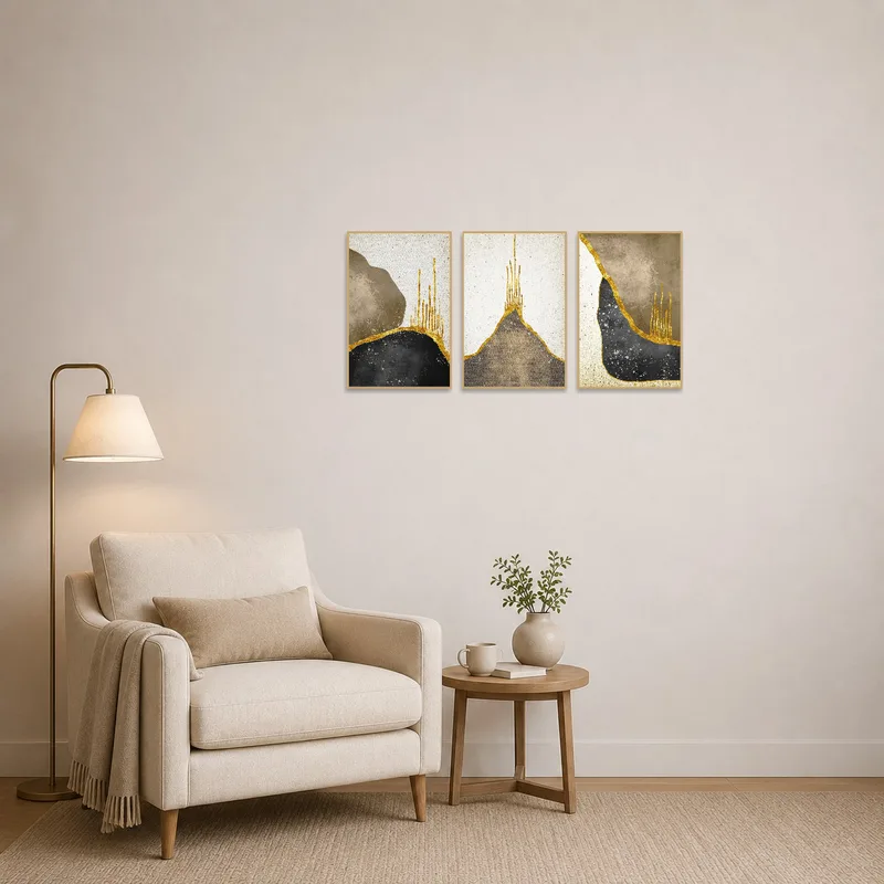 Triptych art set with earthy hues and golden details, creating a cozy vibe in a reading corner.