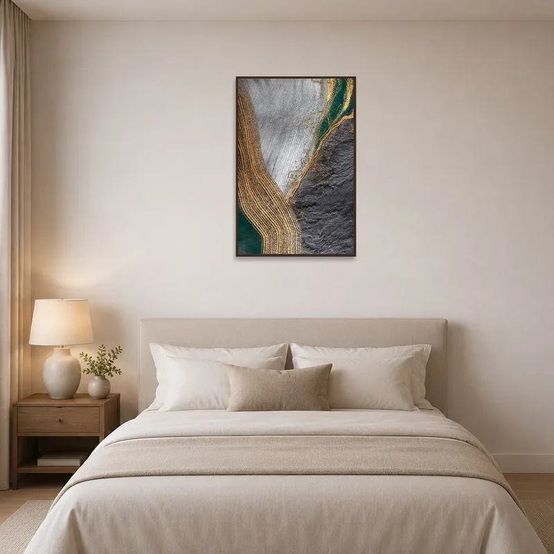 Bedroom featuring abstract wall art in earthy tones and metallic detailing.