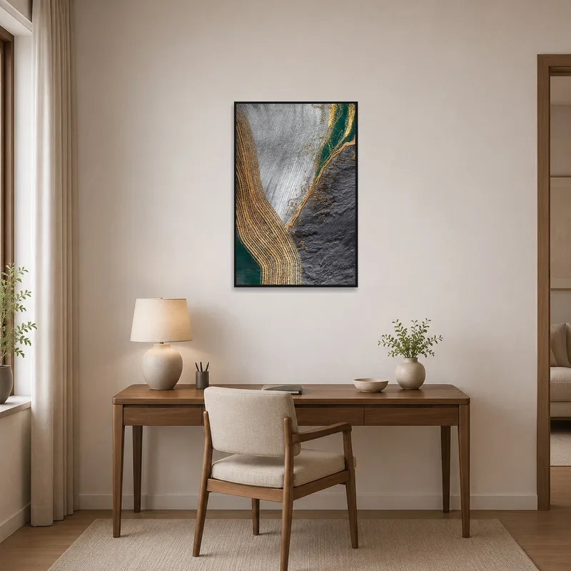 Home office accentuated by artwork of abstract earthy tones and metallic lines.