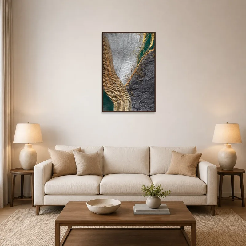 Abstract art with earthy tones and metallic lines in a cozy living room setting.