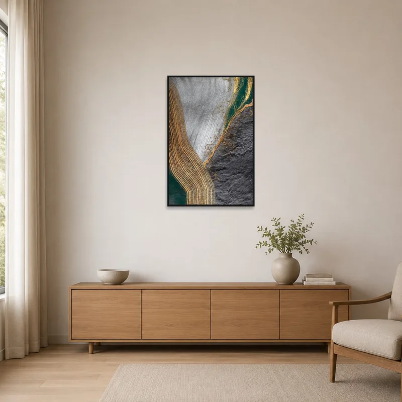 Minimalist space showcasing an abstract artwork with earthy tones and metallic lines.