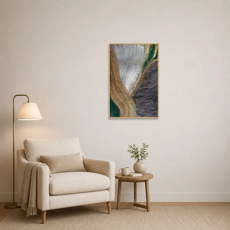 Reading corner adorned with abstract art featuring earthy hues and metallic lines.