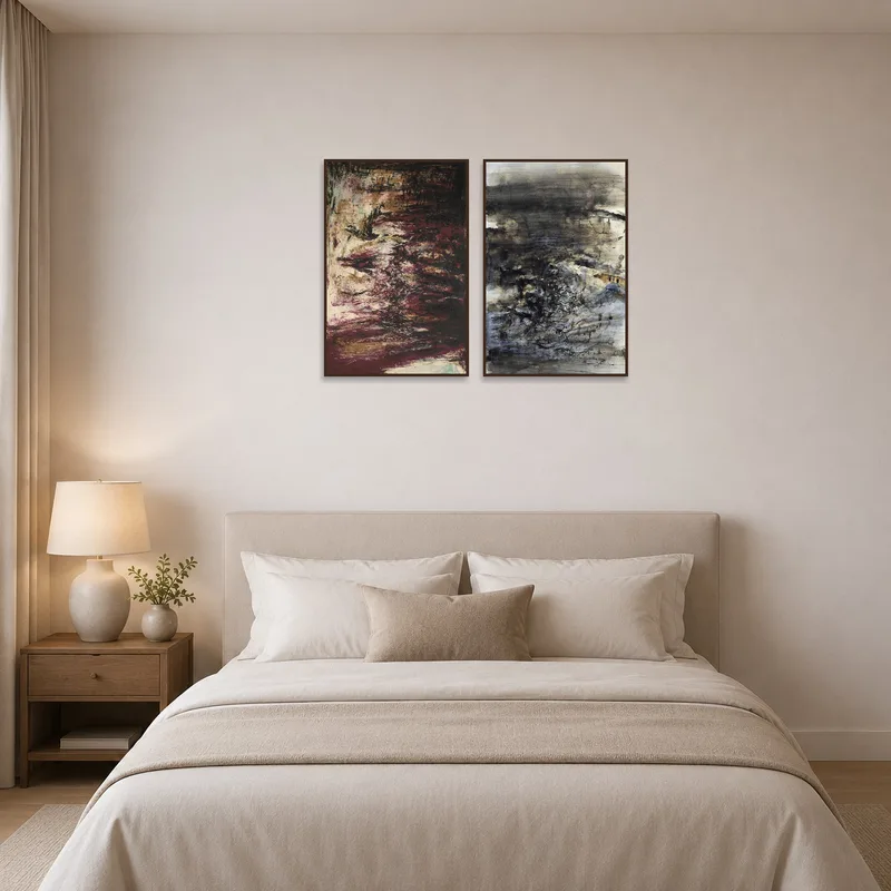 Earthy tones art set adds a calming touch to the bedroom wall.