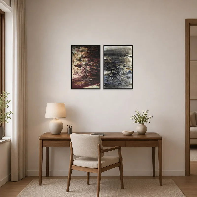 Abstract Earthy Tones Art Set enhances the home office workspace.