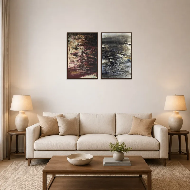 Abstract Earthy Tones Art Set on a living room wall above a cozy sofa.