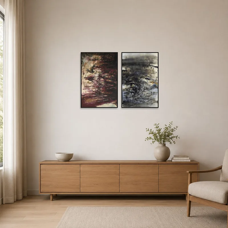 Earthy tones art displayed in a minimalist room, enhancing simplicity.