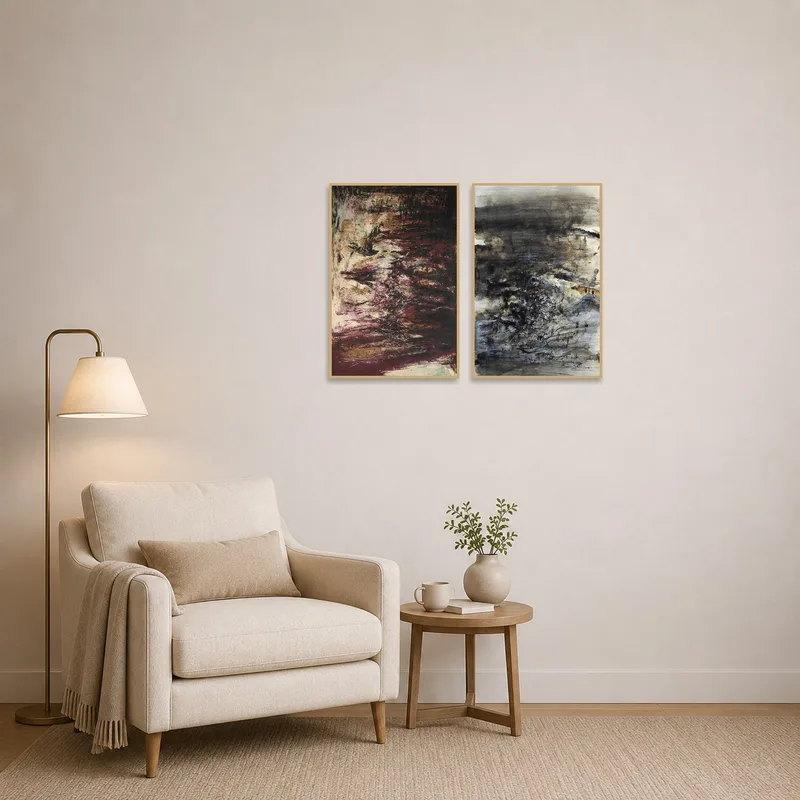 Earthy abstract art brings warmth to a quiet reading corner.