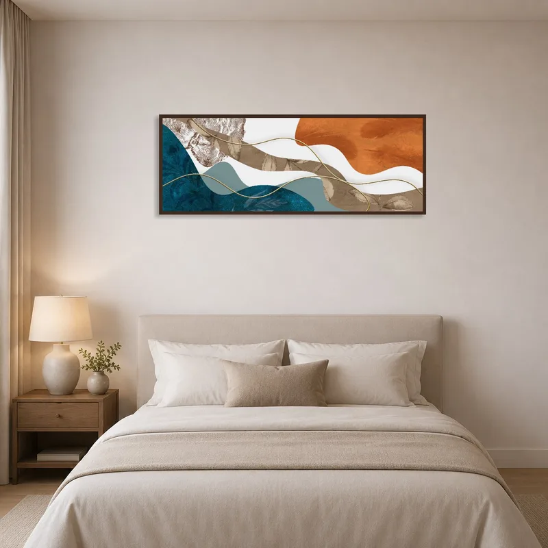 Serene abstract artwork complements the tranquil bedroom ambiance.