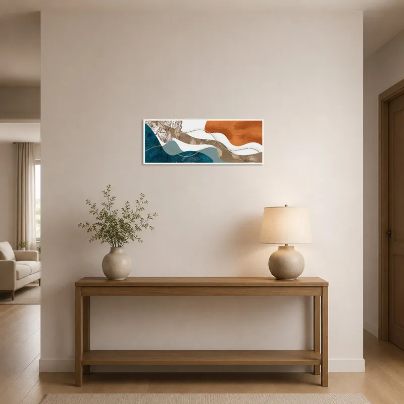 Warm-toned panoramic artwork welcomes guests in an entrance hall.