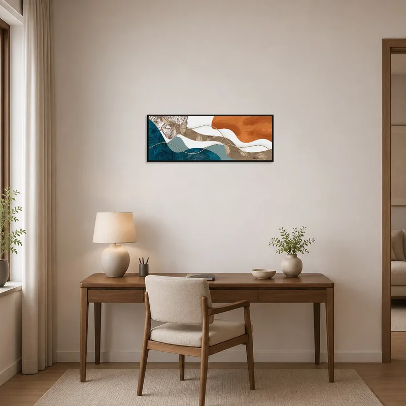 Panoramic artwork with earthy tones enhances a home office wall.