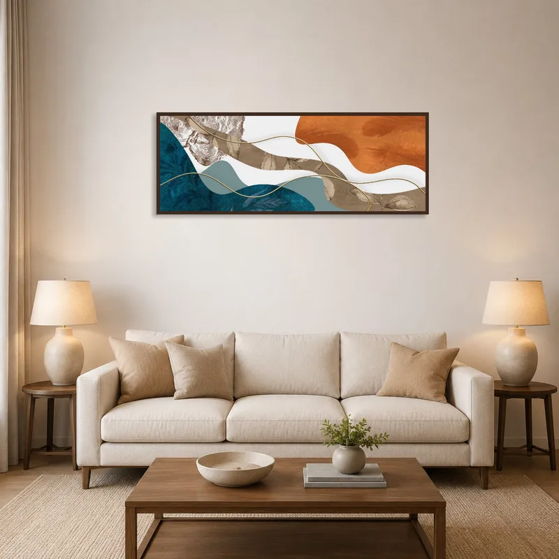 A panoramic artwork with earthy tones hangs above a modern sofa.