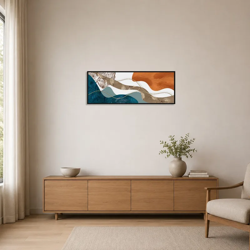 Abstract artwork with earthy hues adds subtle color to a minimalist space.