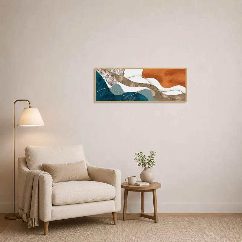 Earthy abstract piece brings warmth to a cozy reading corner.