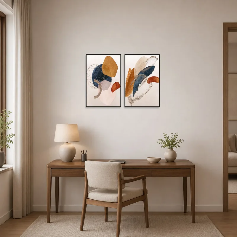 Dual abstract earthy prints adding calmness and style to a home office space.