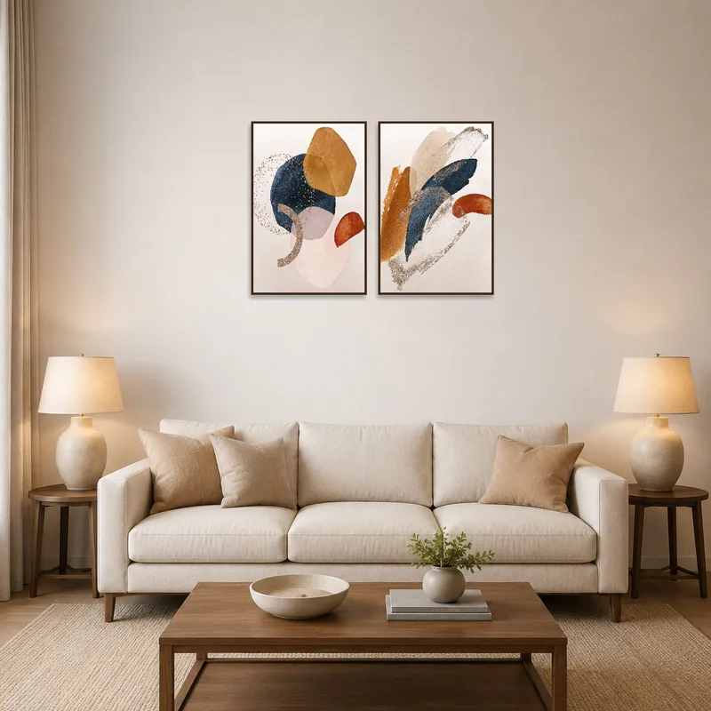 Set of two abstract earthy tone prints on a living room wall above a cozy couch.