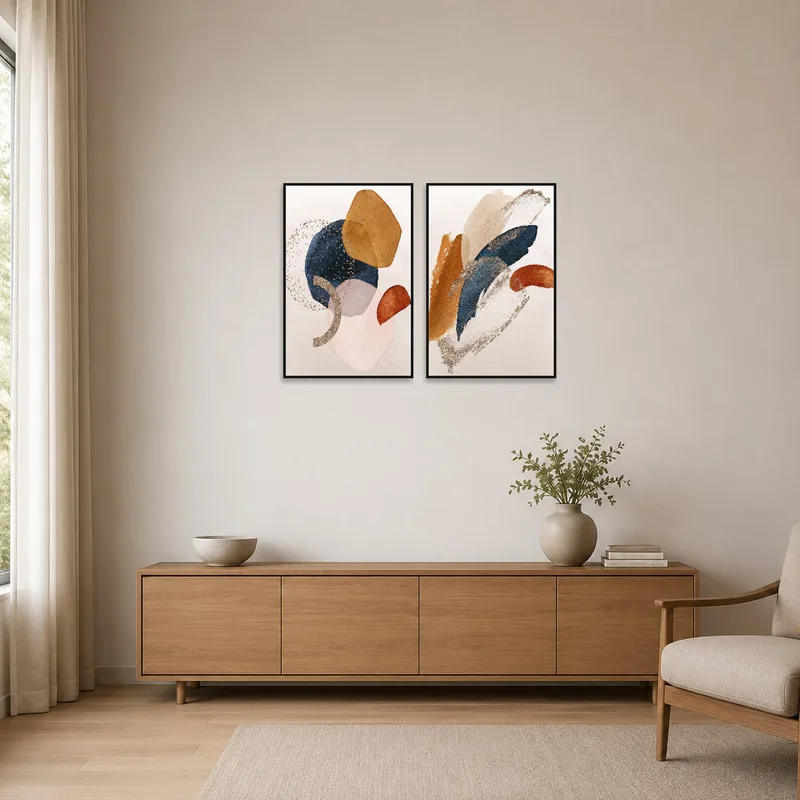 Earthy tone abstract art prints enhancing a minimalist room with subtle elegance.