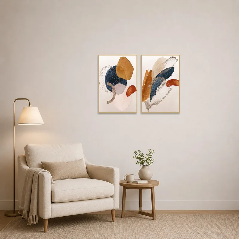 Two abstract earthy tone prints in a reading corner, adding warmth and inspiration.