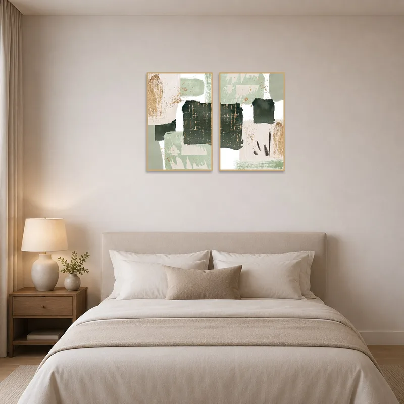 Bedroom wall adorned with an earthy tones triptych and gold.