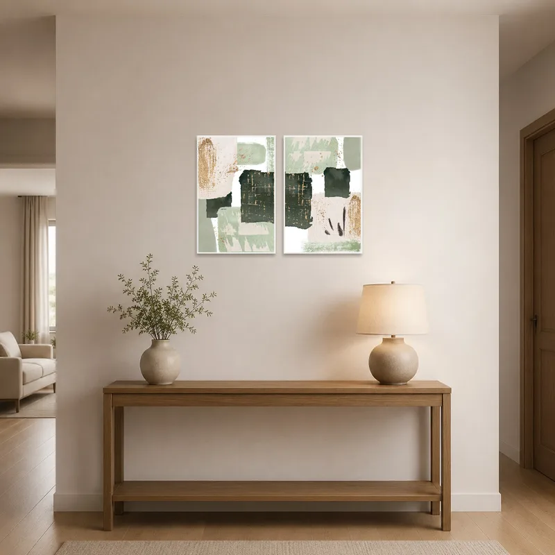 Entrance hall featuring an abstract triptych with earth tones.