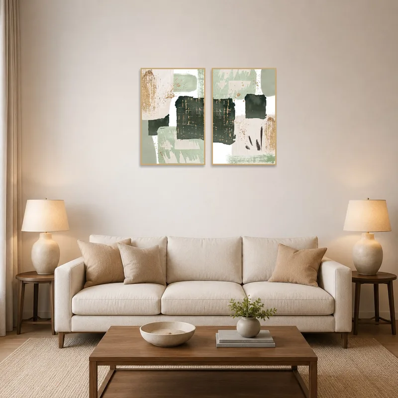 Earthy tones triptych with gold accents in a cozy living room.