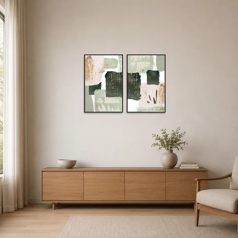 Minimalist room displaying a triptych in earthy tones and gold.