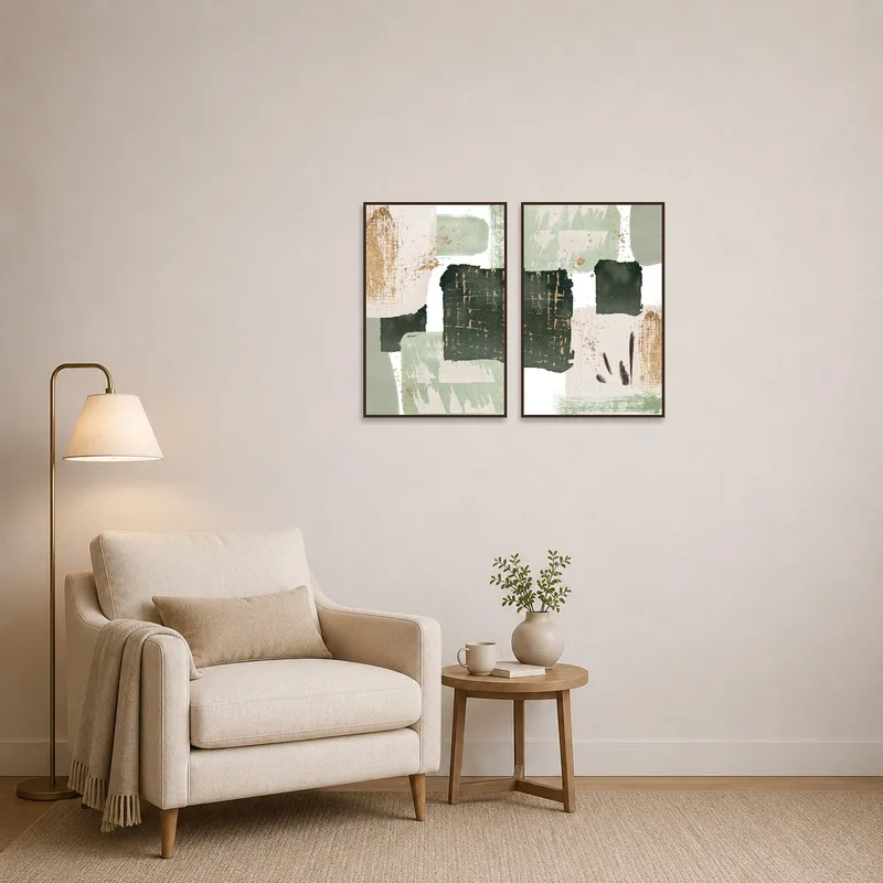 Reading corner enhanced by a triptych in earthy tones and gold.