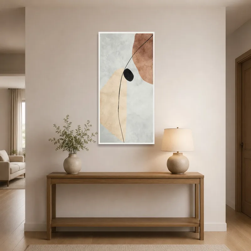 Abstract earthy tones artwork featuring black accent, welcoming guests in an entrance hall.