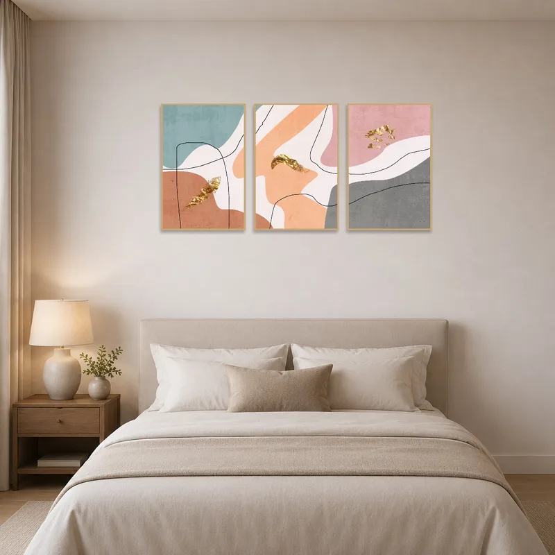 Bedroom displaying abstract earthy tones triptych with gold accents against soft hues.