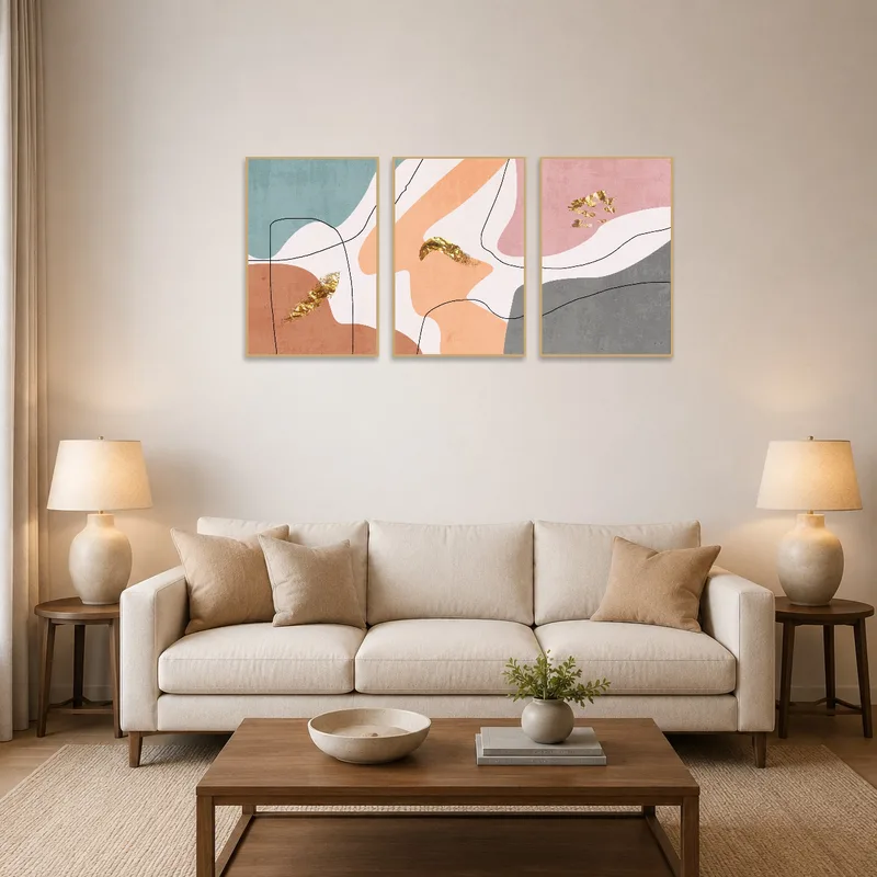 Living room with abstract earthy tones and gold accents triptych on white walls.