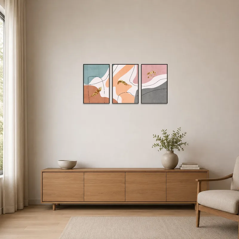 Minimalist room featuring abstract earthy tones triptych with gold accents.