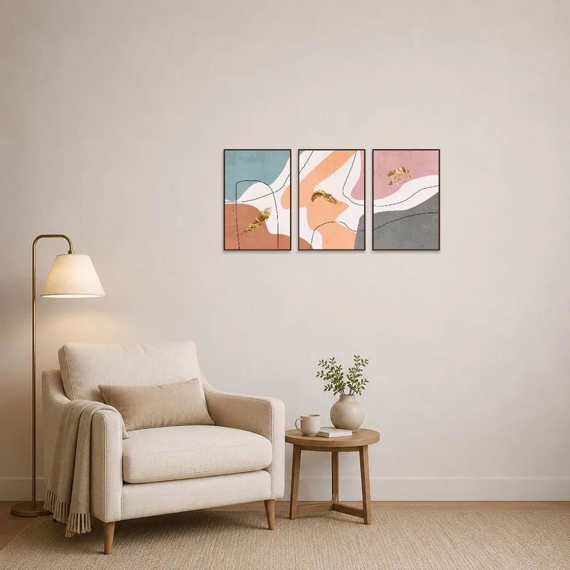 Reading corner adorned with abstract earthy tones triptych featuring gold accents.