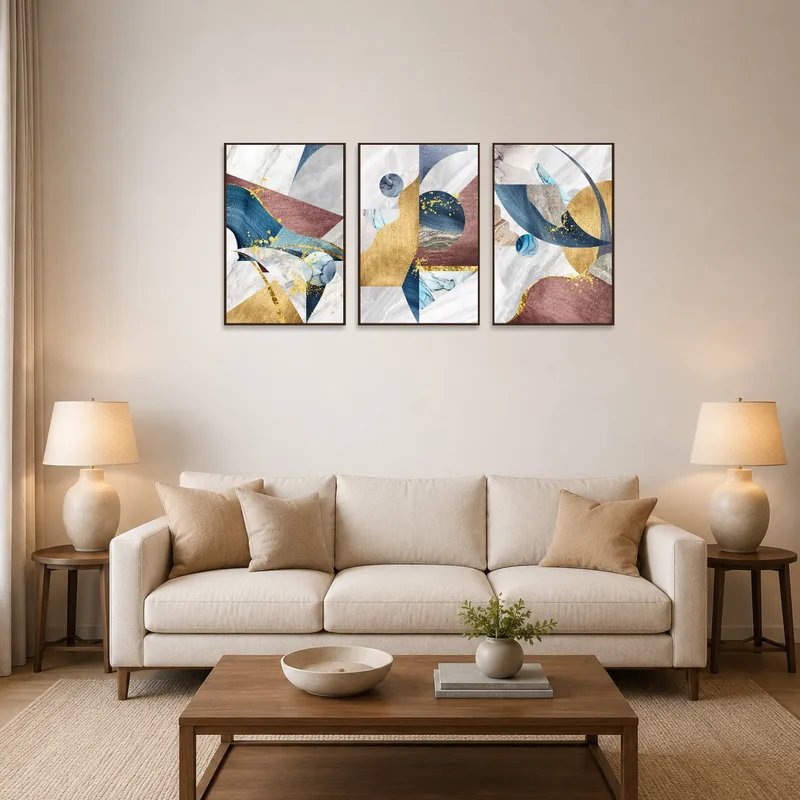 The triptych in gold and blue tones adorns a stylish living room wall.