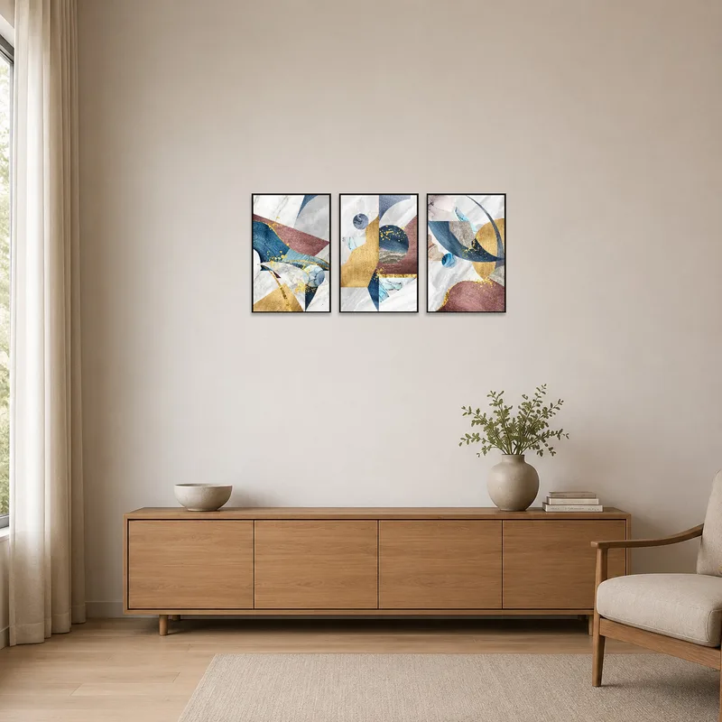 Abstract triptych enhances the clean lines of a minimalist space.