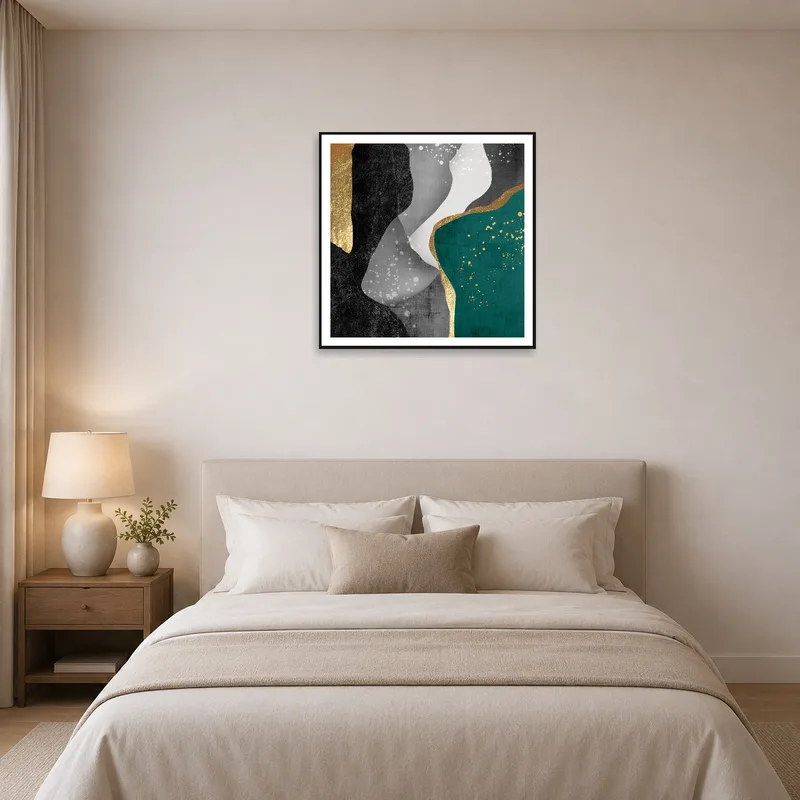 Abstract Elegance art with gold accents above a chic bedroom headboard.