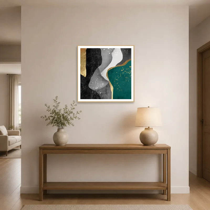 Abstract Elegance art with gold accents in a stylish entrance hallway.