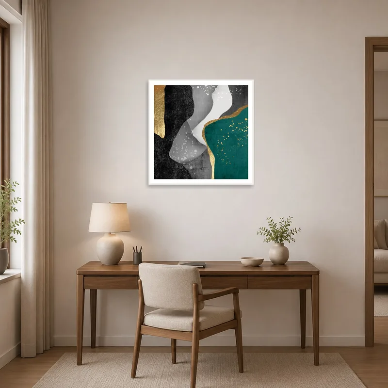 Abstract Elegance art with gold accents enhances a productive home office.
