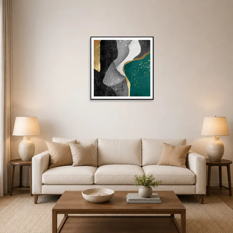 Abstract Elegance art with gold accents above a modern living room sofa.