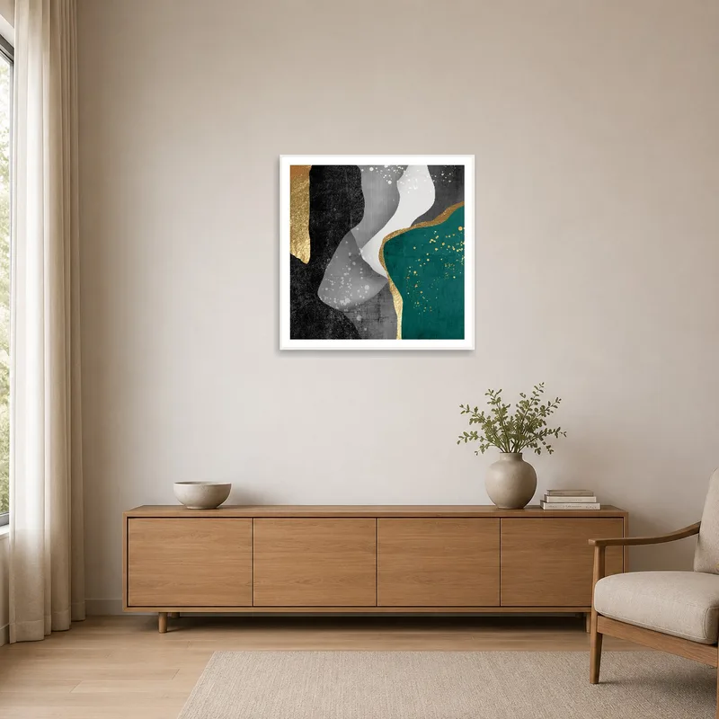 Abstract Elegance art with gold accents on a minimalist white wall.