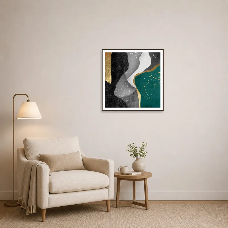 Abstract Elegance art with gold accents brightens a cozy reading nook.